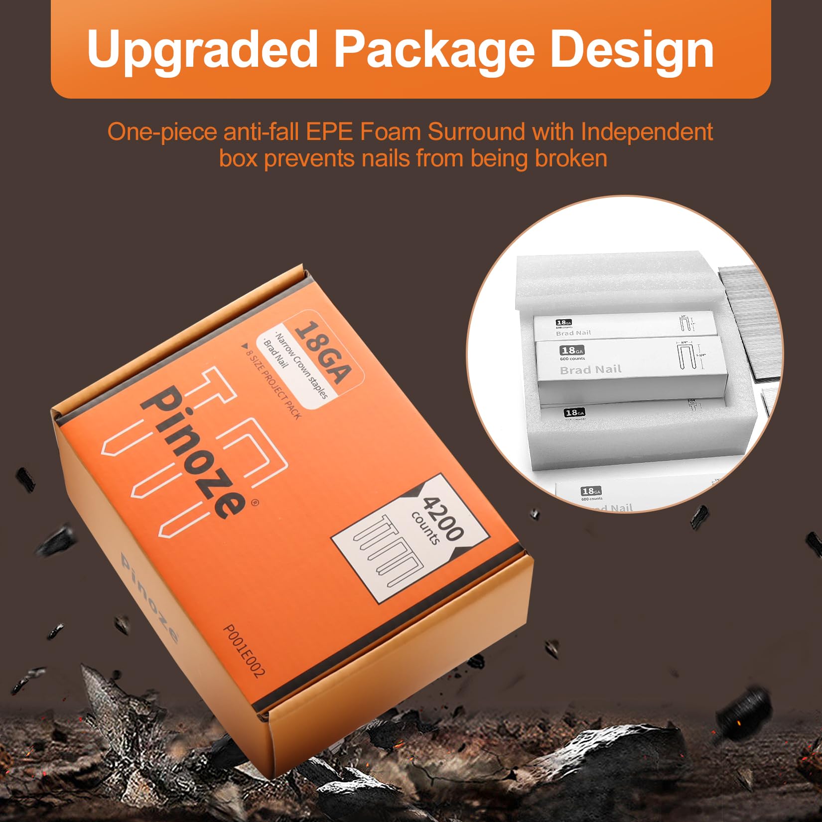 PINOZE 4200-Count 18 Gauge 1/4" Narrow Crown Staples (1-1/2" 1-1/4" 1" 3/4" 1/2") & 18GA Brad Nails (2" 1" 5/8"), Heavy Duty Galvanized Upholstery Staple for Pneumatic/Electric Stapler Gun/Brad Nailer