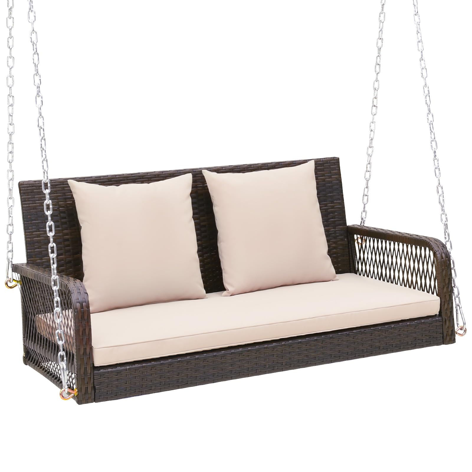 Tangkula Wicker Outdoor Porch Swing, 800 LBS Capacity Outdoor Swing Bench with Hanging Chains, Back and Seat Cushions, 2-Seater Hanging Patio Bench for Deck, Garden, Yard (Beige)