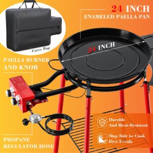 GRISUN Paella Pan, Paella Burner and Stand Set, Paellera Set, 24 Inch Enameled Paella Pan Set, with Built-In Ignitor, Regulator Hose, Carry Bag, Durable Legs with Bottom Shelf, Side Shelf(19 Servings)