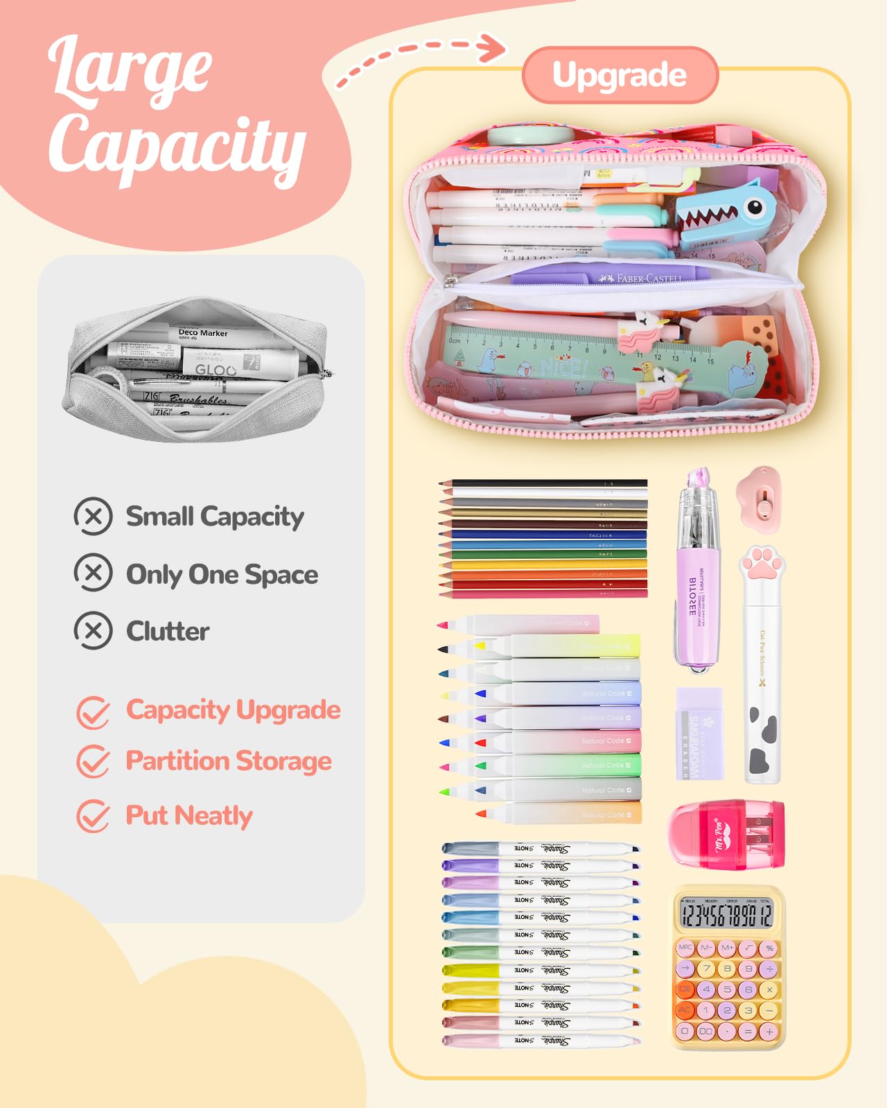 LISEVO Aesthetic Cute Large Pencil Case, Unique Big Capacity Colored Rainbow Pencil Cases Pouch School Office Stationery Organizer Bag for Girls Women with Compartments & Zipper