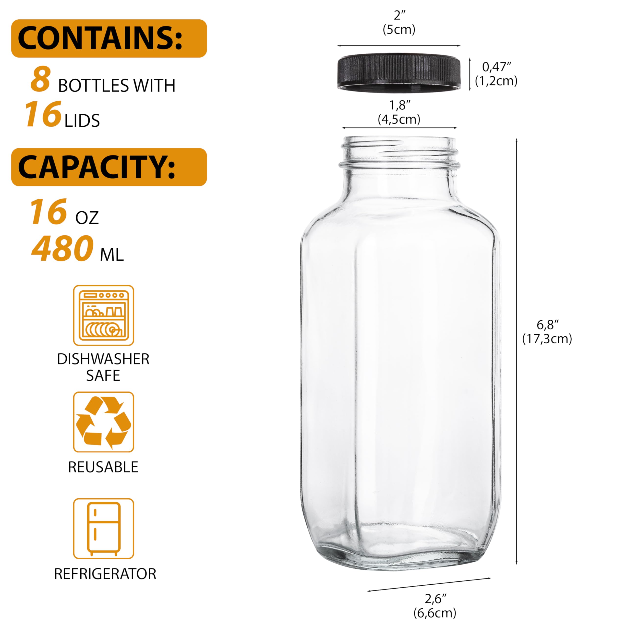 umud Juice Bottles with Lids, 16 Oz - Set of 3 - Clear Glass Jars with Caps - Reusable Empty Drink Containers for Juicing, Smoothies, Water, Milk, Kombucha Storage, Wellness Shots and More (8)