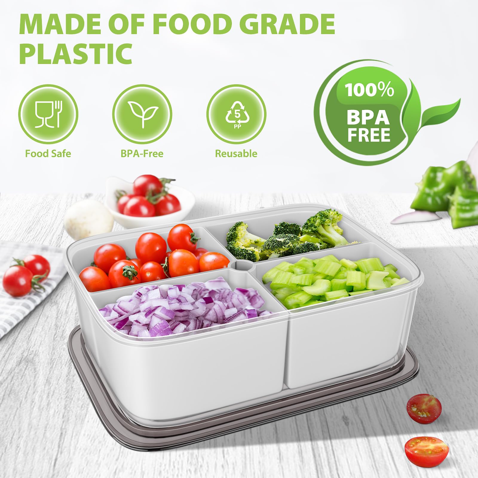 Freshmage® Veggie Tray with Lid, Small Divided Serving Tray Container with 4 Removable Compartments for Food Storage of Fruits/Vegetables/Snacks, DISHWASHER SAFE & BPA-FREE