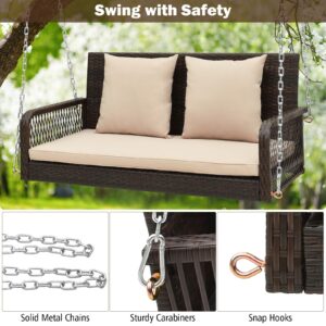 HAPPYGRILL Porch Swing Outdoor 2-Person Hanging Bench Chair with Seat & Back Cushions, Heavy-Duty Metal Structure & 2 Hanging Chains, Wicker Rattan Woven Loveseat Swing for Front Porch Backyard