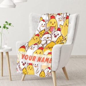 Custom Chicken Blanket Gifts with Name - 50x60 Inches Cute Throw Blanket for Girls & Boys - Yellow Soft Fuzzy Plush Blankets for Bed, Couch, Sofa