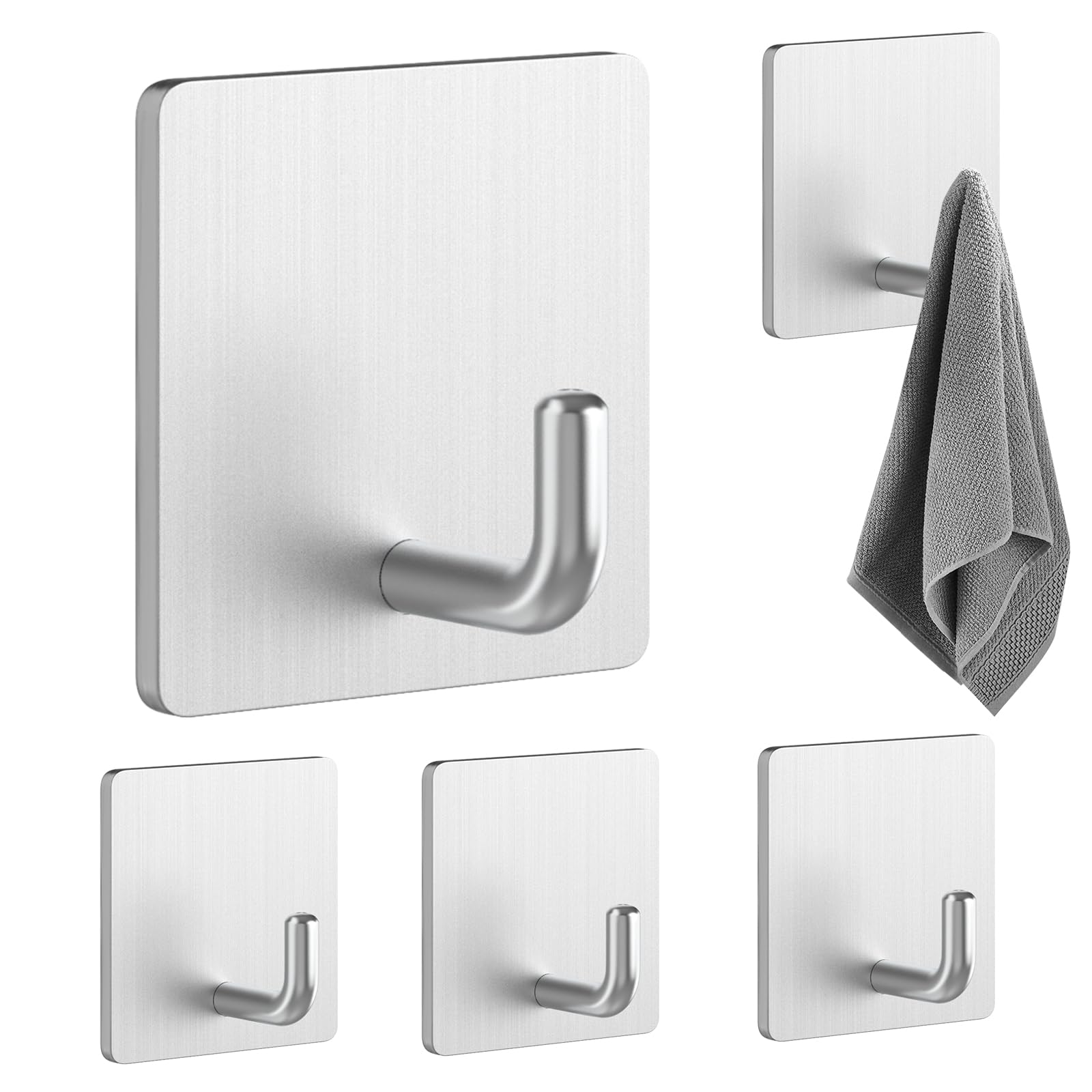 NOOX 5-Pack Stainless Steel Towel Racks Door Wall Hooks for Hanging- Adhesive No-Drill, Accessories for Bathroom, Kitchen, Bedroom, Gift Ideas for Women