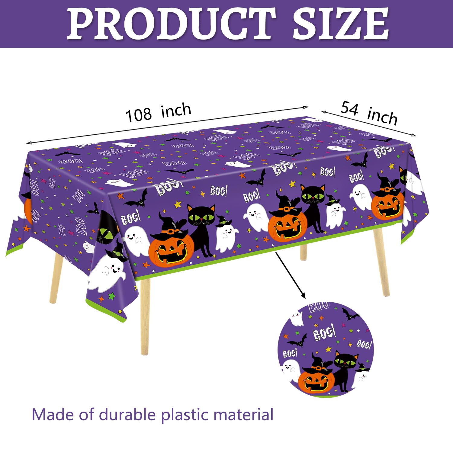 3 Pcs Halloween Tablecloth Large Disposable Plastic Table Covers for Halloween Parties, Bats and Pumpkins Plastic Table Cloth for Indoor Outdoor Halloween Decorations, 54x108 inch