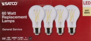 satco s12463 8 watt a19 led bulb, clear, 3000k, medium base, 120 volt, 4-pack