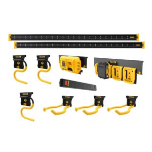 dewalt tool organizer, wall mount, kit for lawn & garden tools, includes hooks, 2 metal rails, charger mount and magnetic power strip, dewalt workshop storage system compatible (dwst82826)