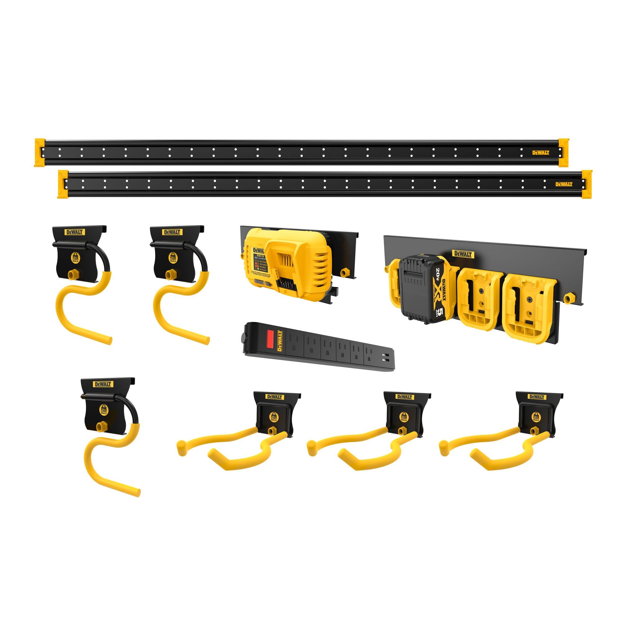 DEWALT Tool Organizer, Wall Mount, Kit for Lawn & Garden Tools, Includes Hooks, 2 Metal Rails, Charger Mount and Magnetic Power Strip, DEWALT Workshop Storage System Compatible (DWST82826)