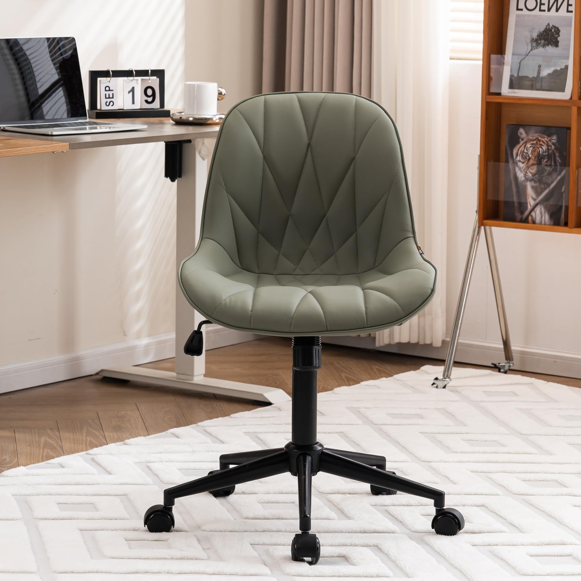 YOUNIKE Office Chair Desk Chair, Home Office Desk Chairs with Wheels, Armless Swivel Computer Chairs with Tilt Lever, Cute Small Upholstered Task Chairs for Compact Space, Olive Green