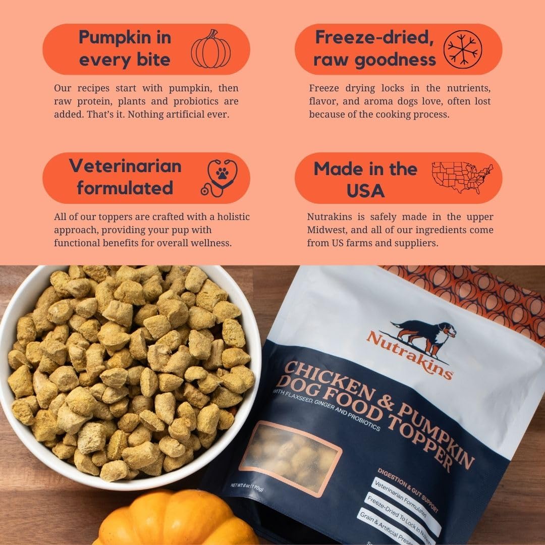 Nutrakins Pumpkin Topper for Dogs - Freeze Dried Dog Treats & Toppers, Raw Flavor Mixers for Meals, Healthy for Picky Eaters, Natural Real Chicken & Wholesome Protein Add Ins, Digestive Health