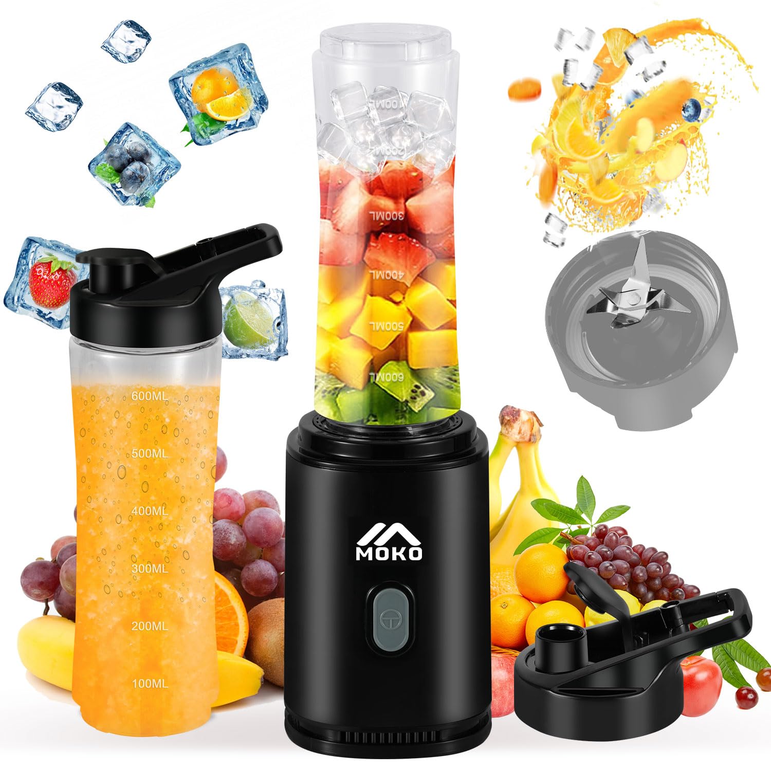 MoKo Countertop Blender for Kitchen for Smoothies/ice, Portable Blenders Personal Size with 22 OZ BPA Free Travel Cup and Lid, 6 Stainless Steel Blades for Powerful Blending, Black