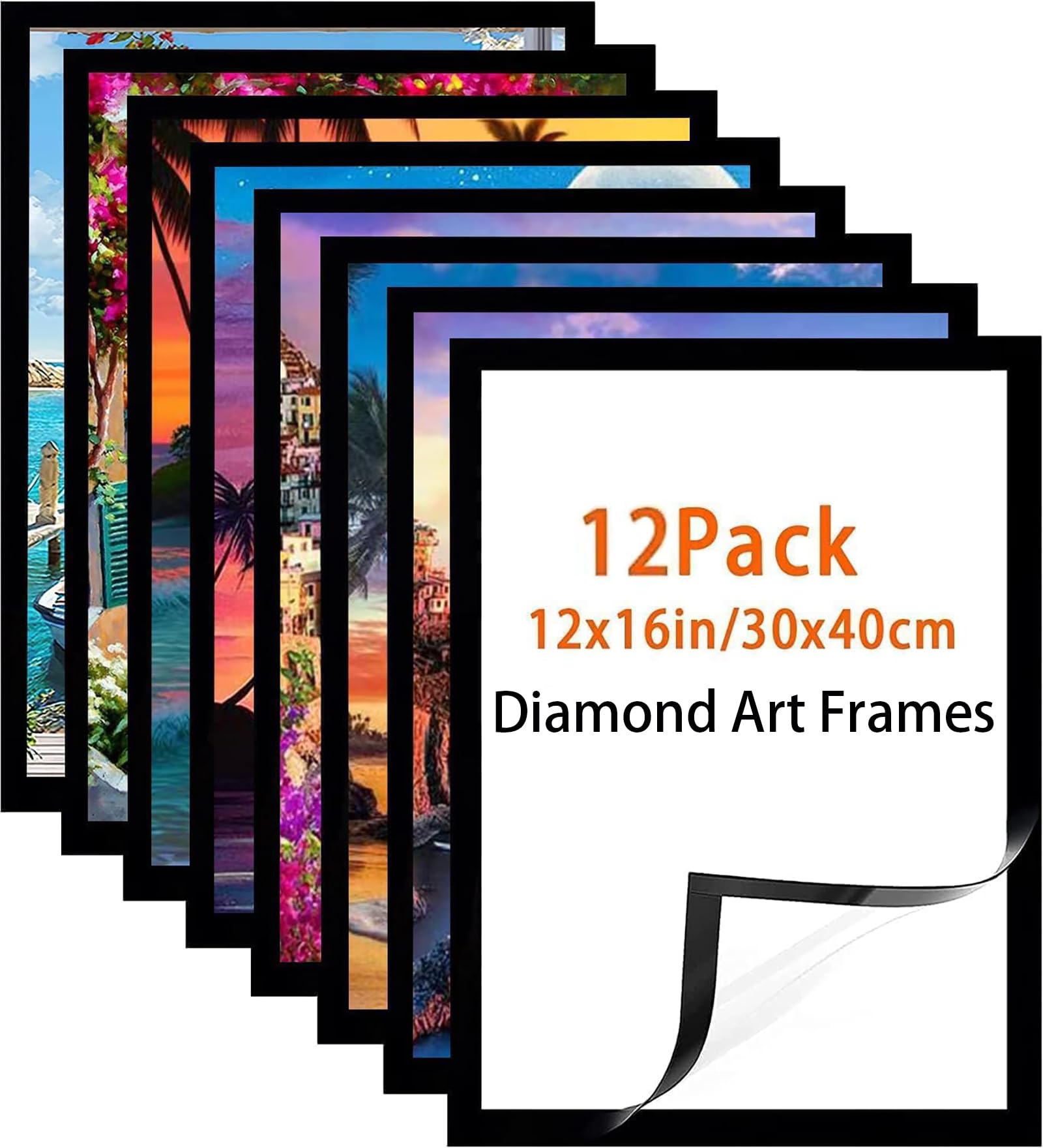 Majreey Picture Frame, 12x16 Inch, 12 Pack (Black), Magnetic, Self-Adhesive, PVC, for Diamond Art, Pictures, Wall Mount, 30X40cm, Suitable for 10x14inch Picture