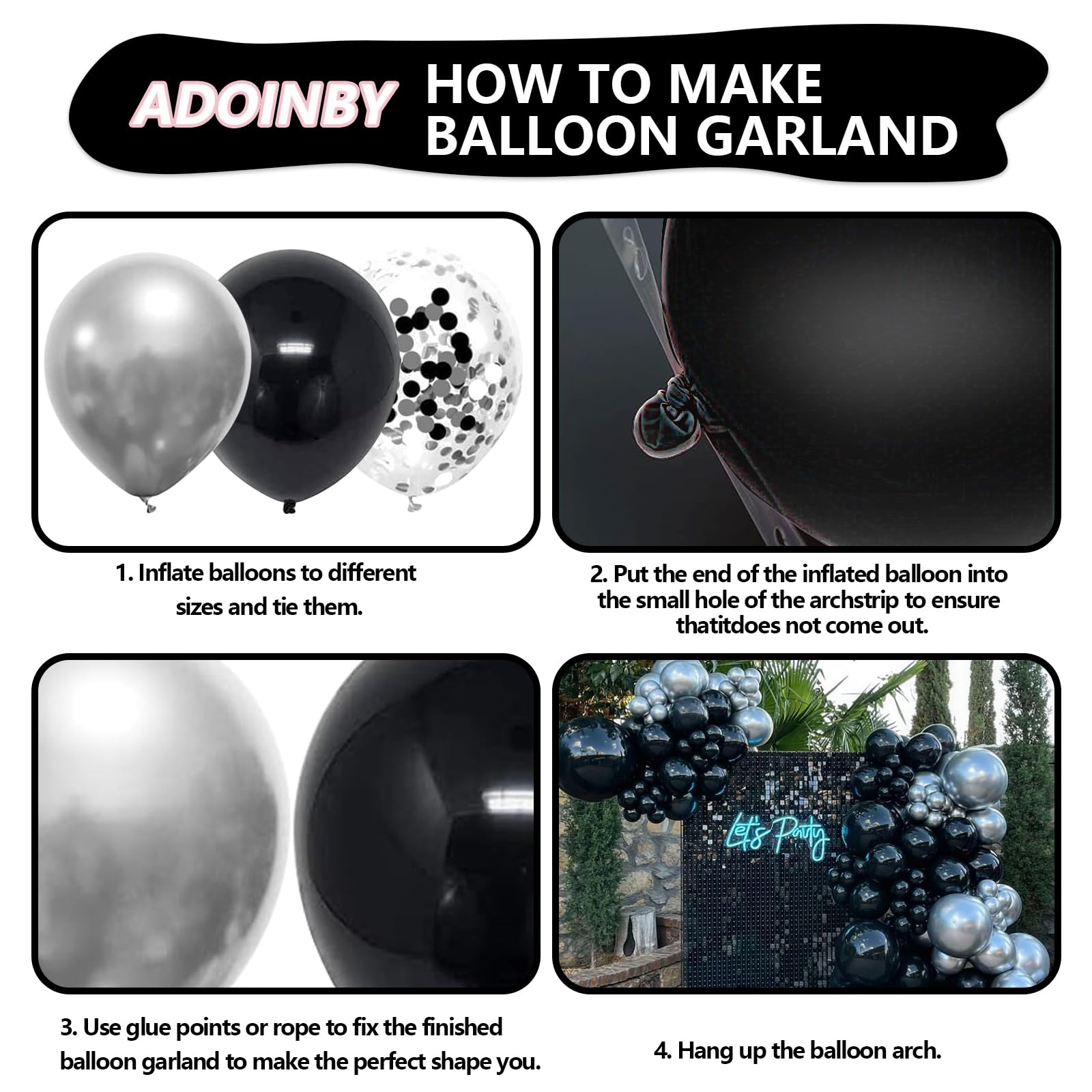 ADOINBY Black and Silver Balloon Arch Kit, 140Pcs Different Sizes inch Black Metallic Silver Balloons and Confetti Party Balloon Garland Kit for Birthday, Wedding, Graduation, Anniversary Decorations