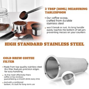 Cold Brew Coffee Maker - 64 oz Wide Mouth Mason Jar Pitcher with Stainless Steel Filter, Coffee Scoop, and Cleaning Brush -Glass Pitcher for Iced Coffee, Tea - Includes Pour Spout Handle Lid