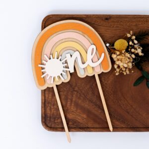 MUWEOL The Sun Wooden Cake Topper - Boho Theme 1st/First Birthday Party Decoration,Hippie Rainbow Baby Shower Supplies for Baby Boys Girls (boho sun topper)