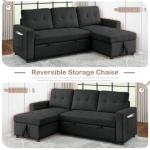 Antetek Reversible Sleeper Sectional Sofa with Pull-Out Bed, Comfy Tufted L-Shaped Sectional Sofa Couch Bed with Storage Chaise Side Pocket, Furniture Set for Living Room, Small Space, Black