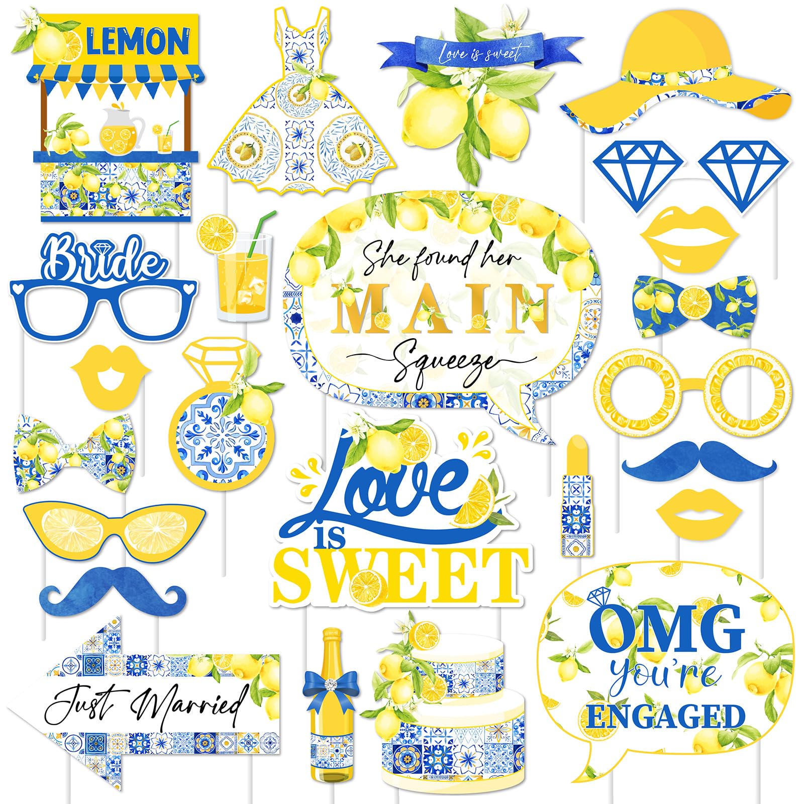 24 Pieces She Found Her Main Squeeze Photo Booth Props - Blue Tile and Lemon Bridal Shower Decorations, Yellow and Blue Capri Lemon Theme Party Supplies