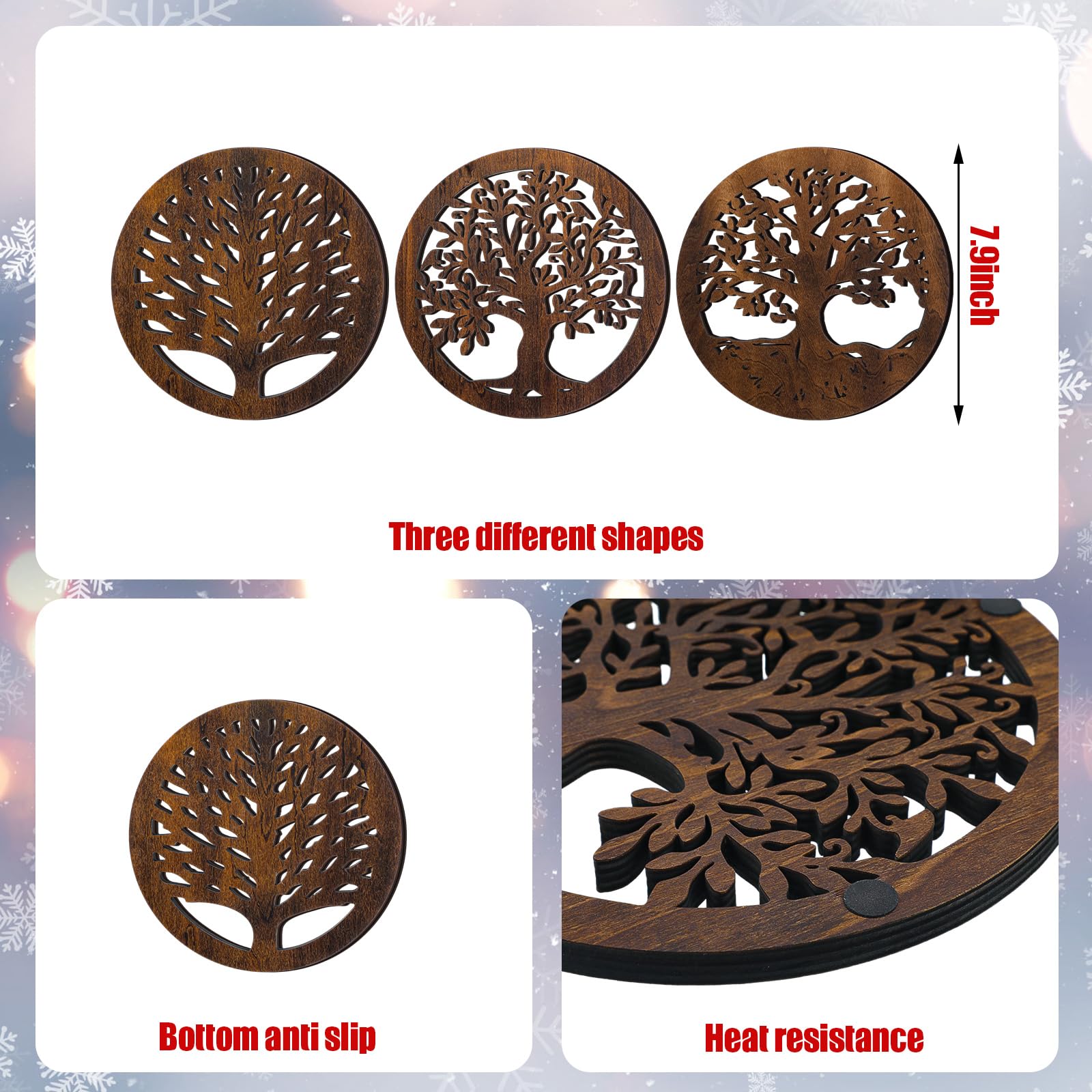 Beeveer 3 Pcs Life Tree Wooden Trivets Round Plates Hot Dishes Trivet Heat Resistant Hot Pan Holder Winter 8 Inch(Brown)