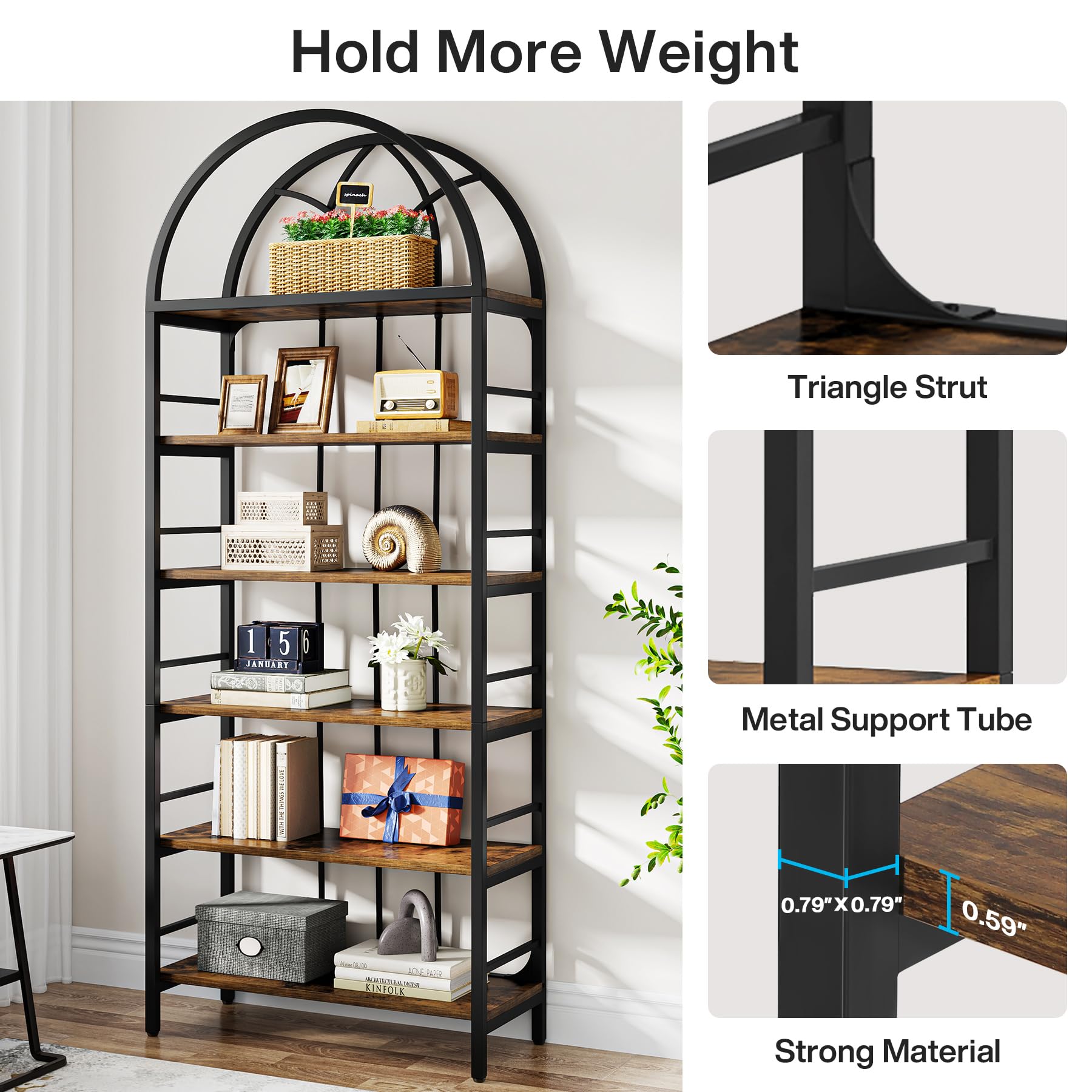 Tribesigns Bookshelf, 6-Tier Tall Arched Bookshelves, 78.7" Industrial Metal Open Bookcase and Bookshelves, Free Standing Storage Shelving Unit for Home Office, Living Room and Bedroom