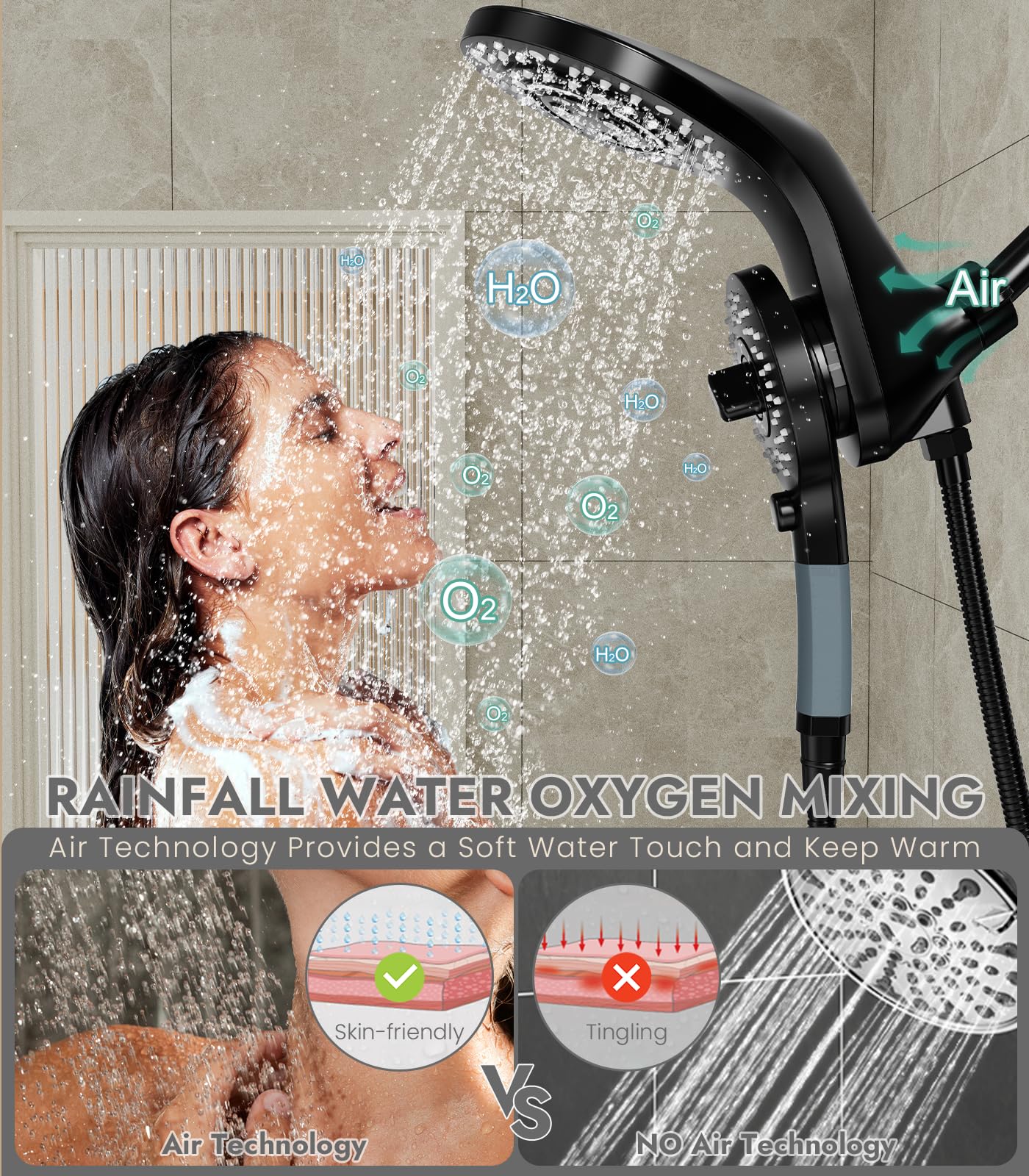 Shower Heads With Handheld Spray Combo, High Pressure 2 IN 1 Rainfall Shower Head with 9 Spray Modes, Anti-leak Shower Faucet with 72'' Stainless Steel Hose & Magnetic Hand Held Shower (Matte Black)