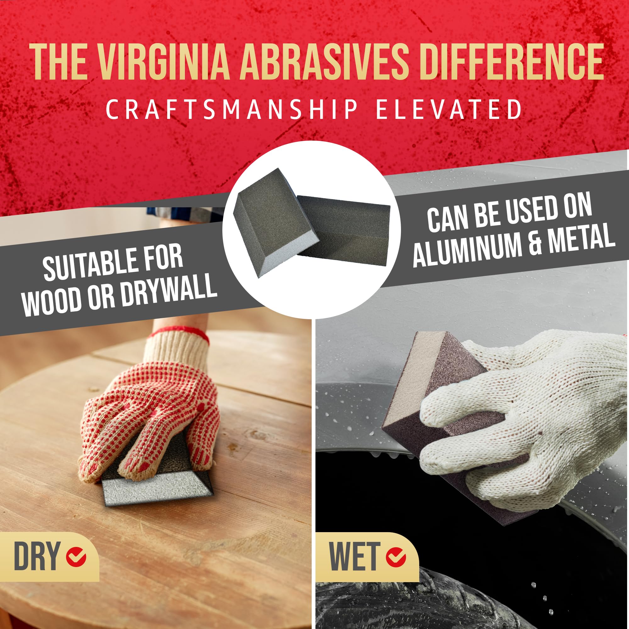 Virginia Abrasives 5” x 3” x 1” Single Angle Medium Grit Sanding Sponge Blocks - Washable and Reusable Sandpaper Foam Bricks/Pads Perfect for Finishing Drywall, Wood, Metal - Wet and Dry - 24 Pcs Pack