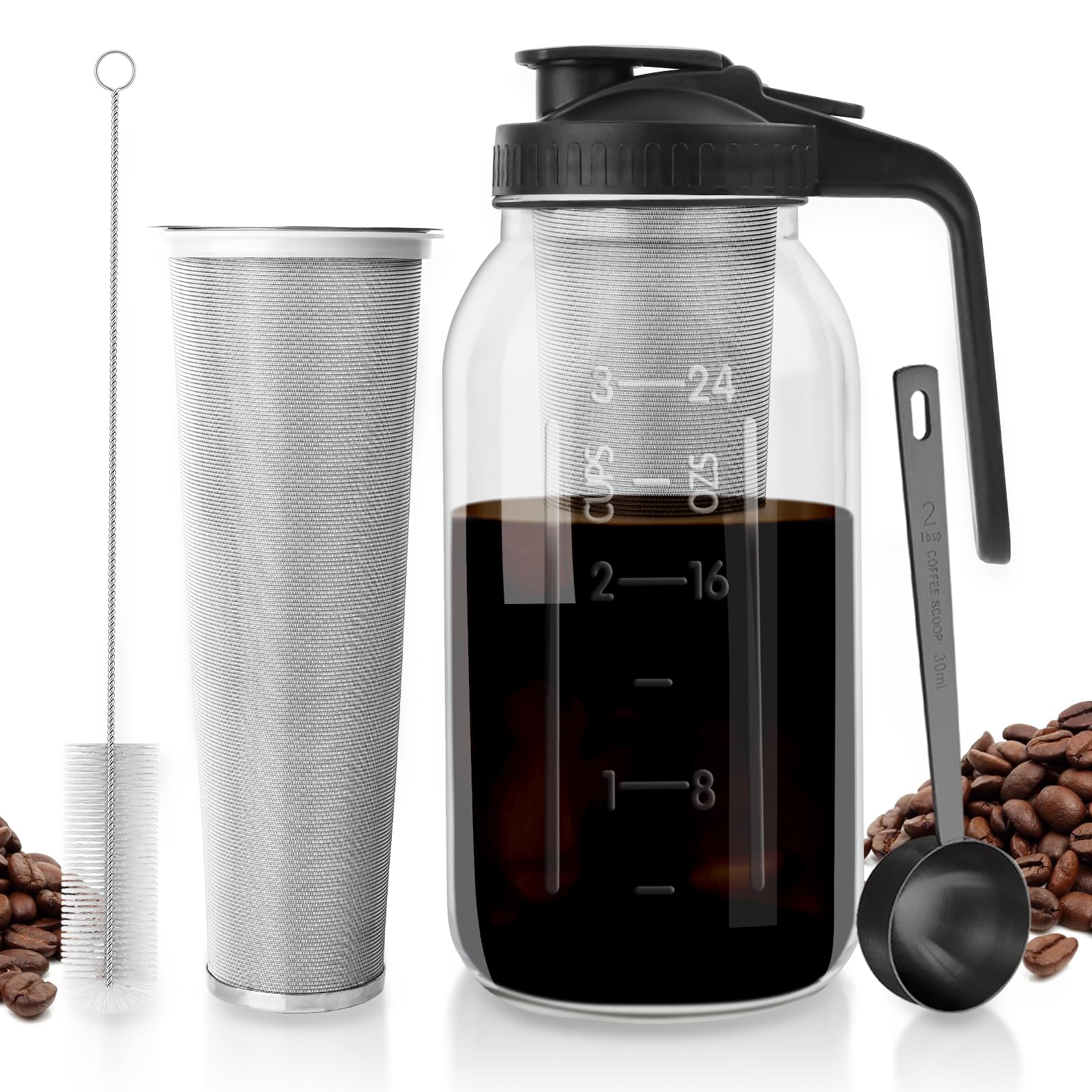 Cold Brew Coffee Maker - 64 oz Wide Mouth Mason Jar Pitcher with Stainless Steel Filter, Coffee Scoop, and Cleaning Brush -Glass Pitcher for Iced Coffee, Tea - Includes Pour Spout Handle Lid