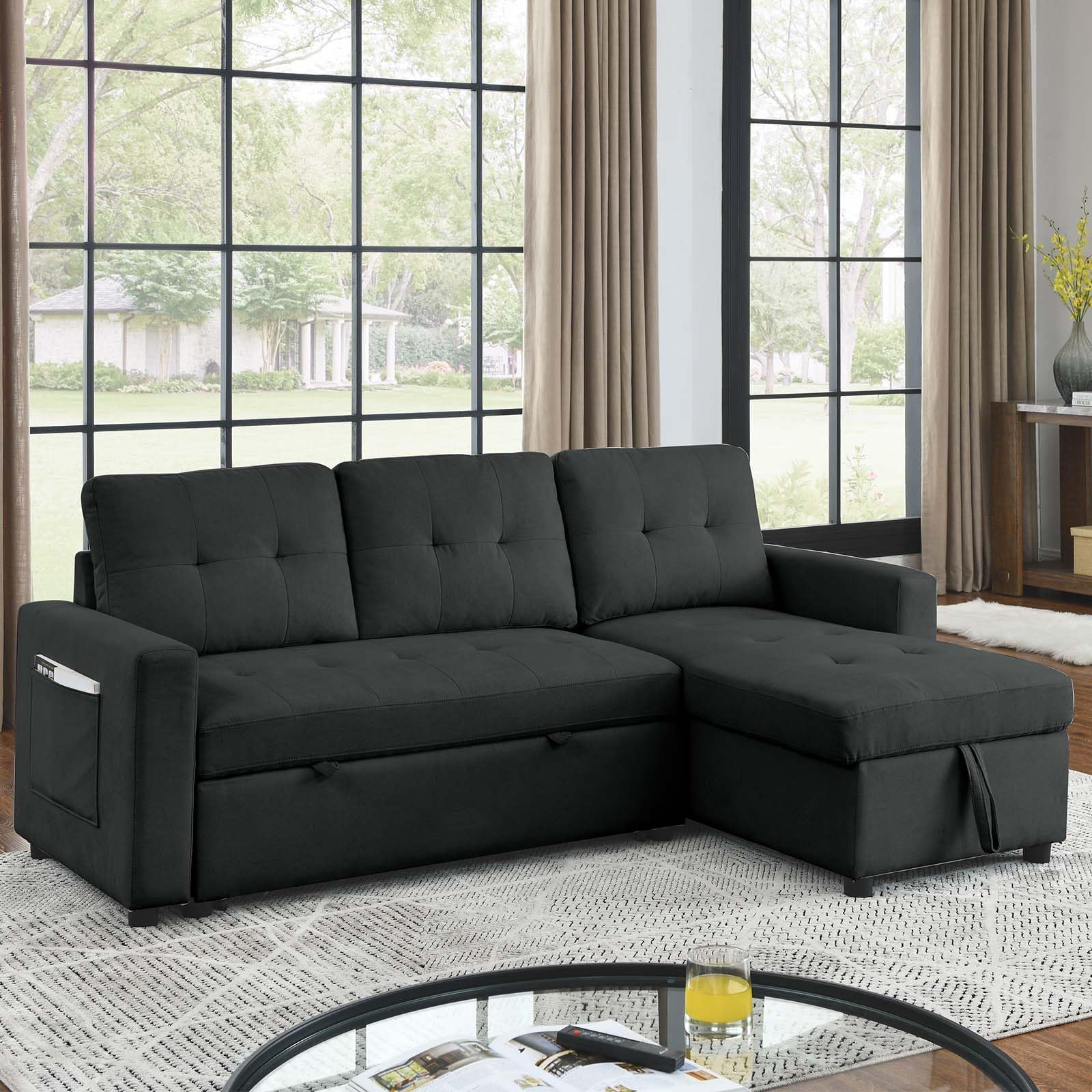 Antetek Reversible Sleeper Sectional Sofa with Pull-Out Bed, Comfy Tufted L-Shaped Sectional Sofa Couch Bed with Storage Chaise Side Pocket, Furniture Set for Living Room, Small Space, Black