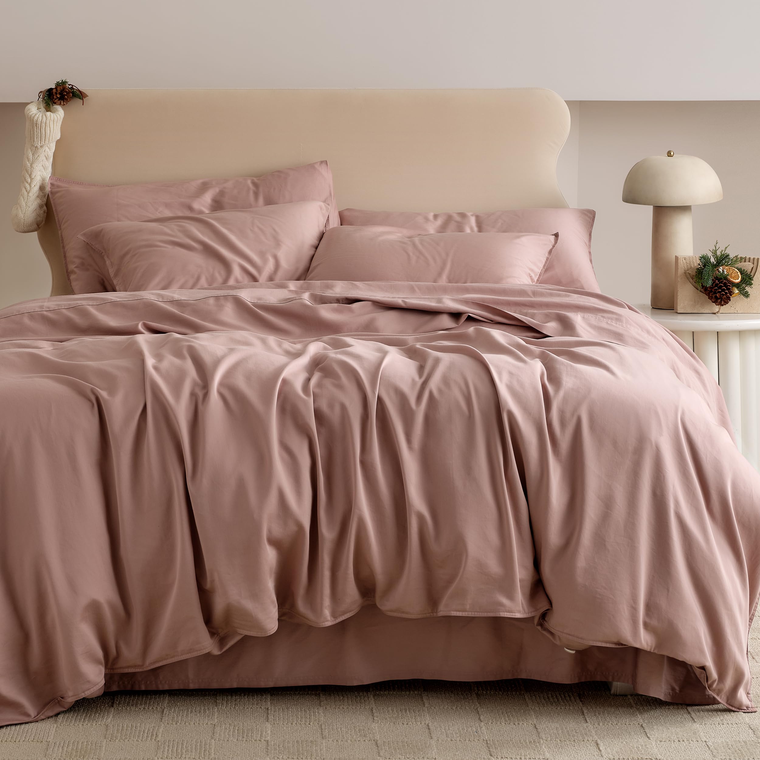 Double Stitch by Bedsure Cotton Tencel Duvet Cover Set and Sheet Set Bundle, Soft Luxury Bedding Set, Perfect for House Warming Gift, Dusty Mauve, King