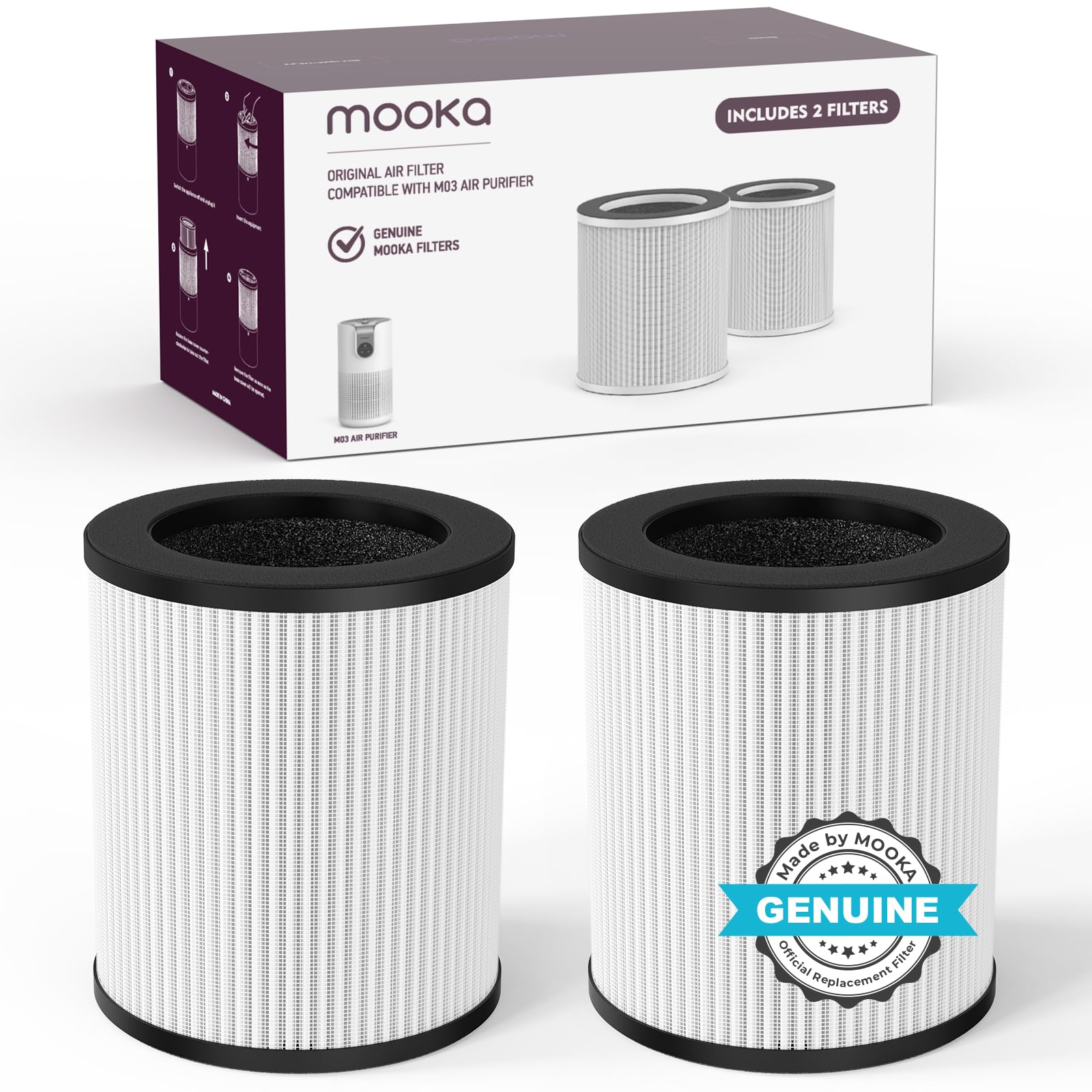 MOOKA Official Certified H13 True HEPA Replacement Filter Compatible with M03 Air Purifier (2 PACK)