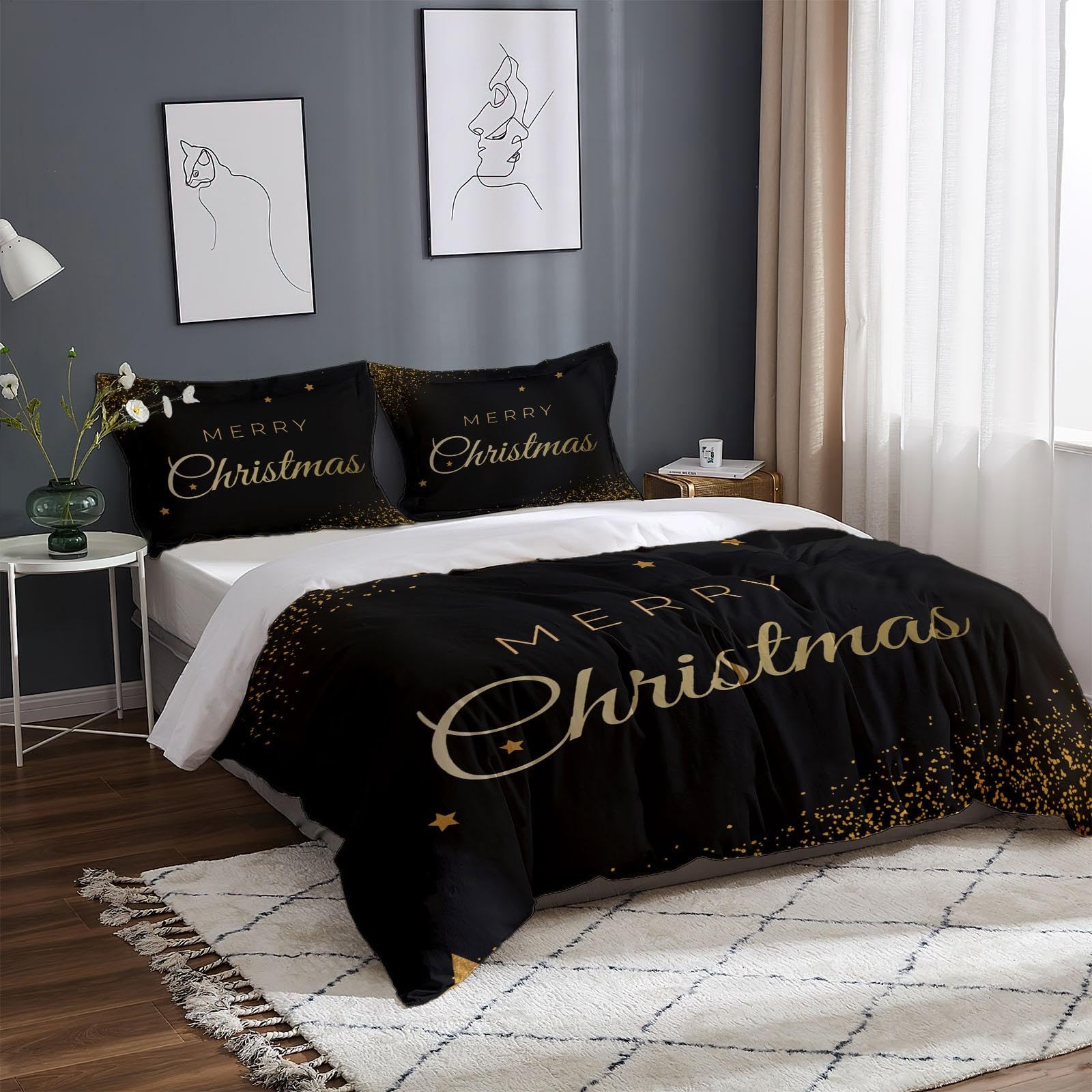 Light Luxury Merry Christmas Kid's Duvet Cover, Star Gold Powder Black Duvet Cover, Soft Warm Microfiber Breathable 3 Pieces Quilt Cover Set for Children Men Women 2 Pillow Shams (King 104" X 90")