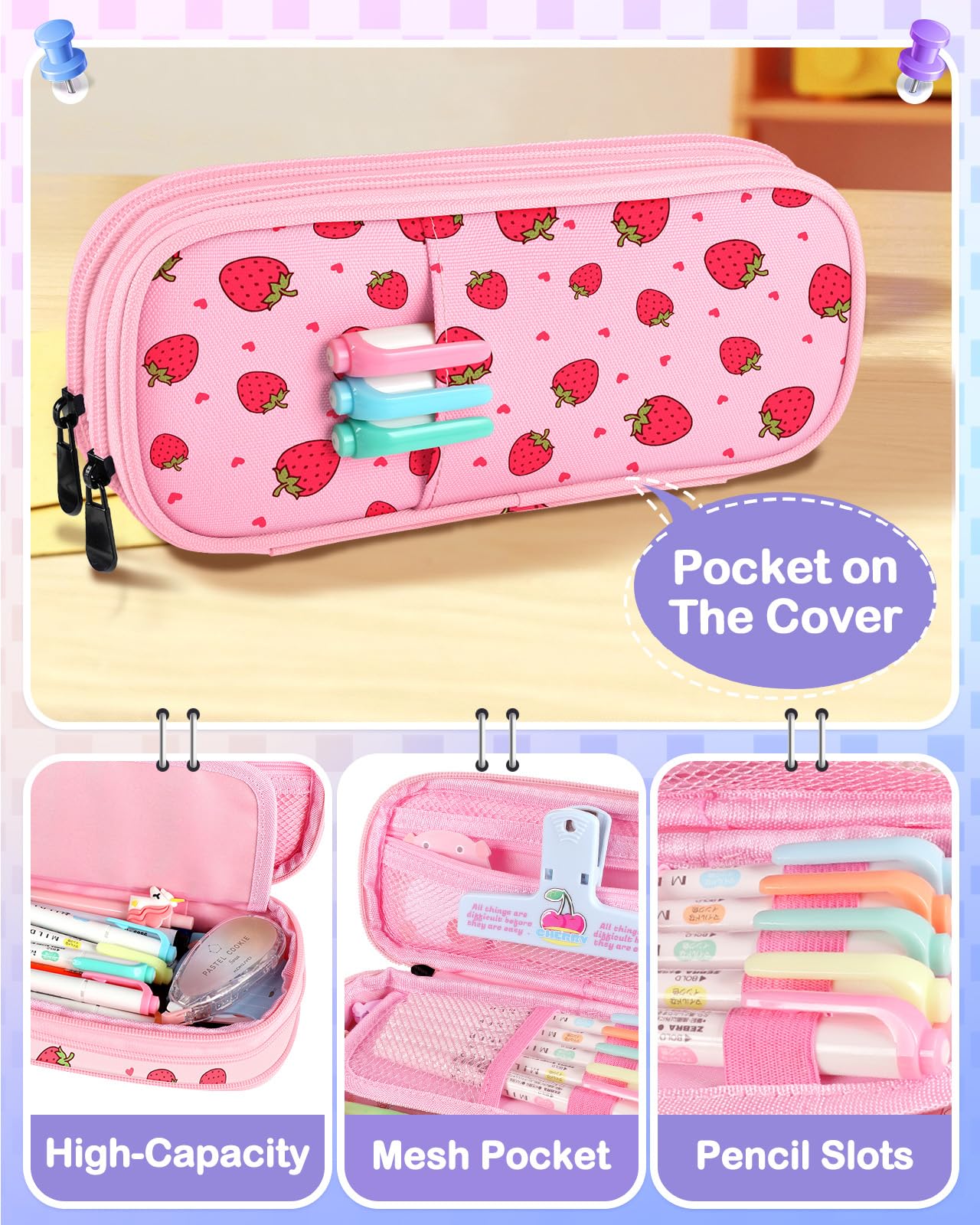 LISEVO Cute Pencil Case - Aesthetic Strawberry Pencil Pouch, Medium Capacity Colorful Pen Bag with Zipper, School Supplies Organizer Stationary Pen Holder for Girls Teens