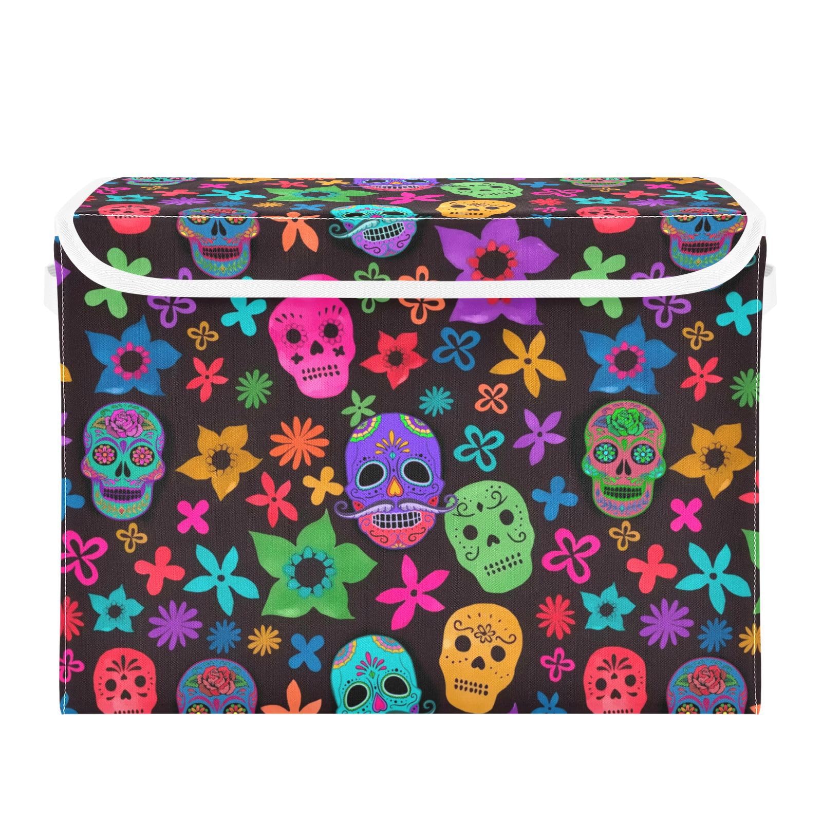 MFTJYO Sugar Skull Day Of Dead Storage Bin with Lid Foldable Storage Box Washable Fabric Storage Cubes Bin Organizer Basket Closet for Home Bedroom Closet Nursery Office