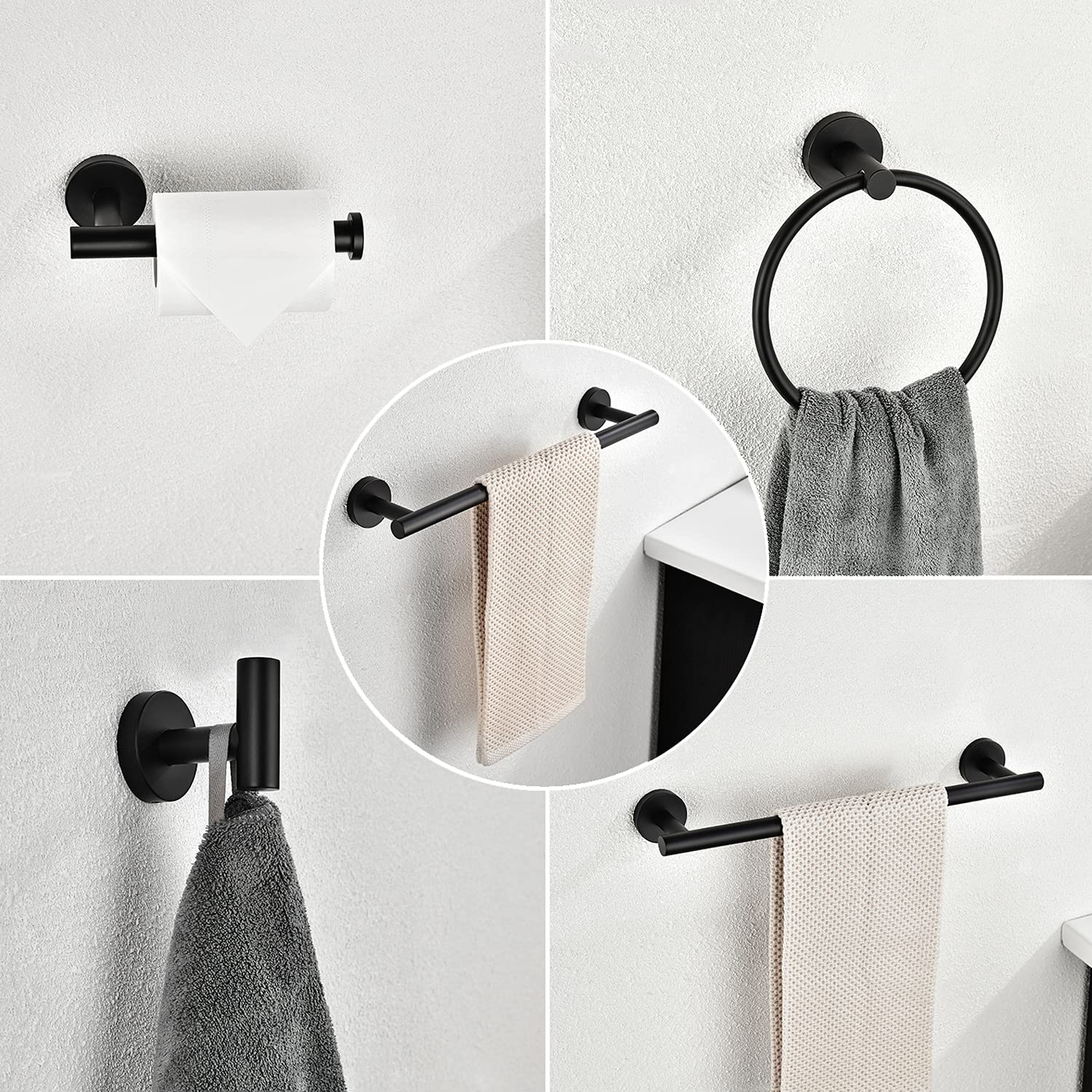 QCHANER 6-PCS Stainless Steel Bathroom Hardware Set, Towel Rack Set Wall Mounted, Home OrganizersHand, Towel Bar, Toilet Paper Holder, Towel Ring, 2 Multifunctional Hooks, Matte Black