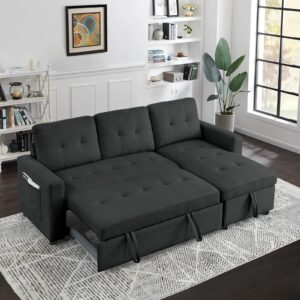 Antetek Reversible Sleeper Sectional Sofa with Pull-Out Bed, Comfy Tufted L-Shaped Sectional Sofa Couch Bed with Storage Chaise Side Pocket, Furniture Set for Living Room, Small Space, Black