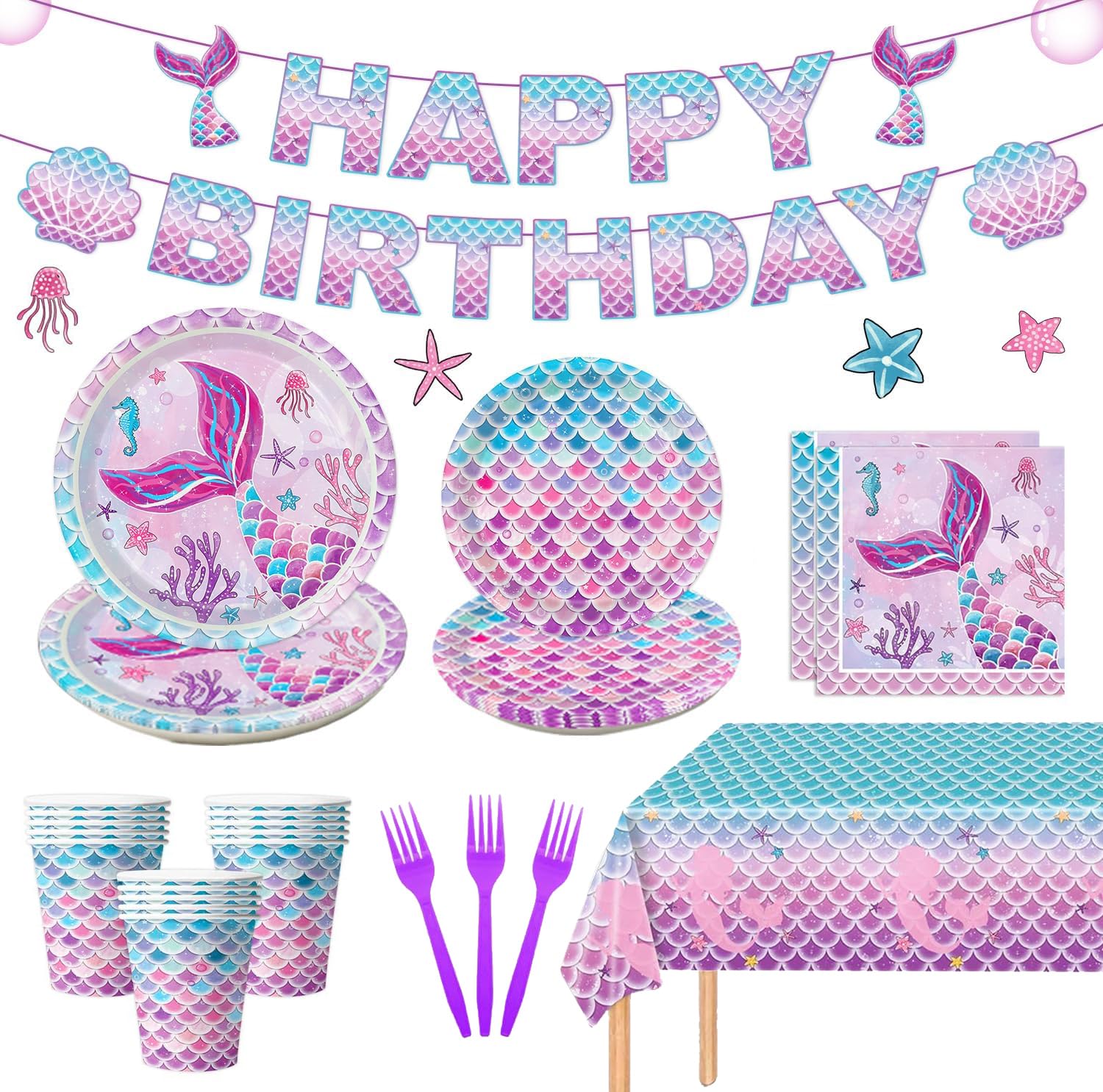 122Pcs Mermaid Birthday Party Decorations Set Mermaid Party Supplies Includes Plates, Napkin, Fork, Cup, Tablecloth, Banner for Baby Shower Ocean Birthday Party Decorations, Serves 24