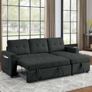 Antetek Reversible Sleeper Sectional Sofa with Pull-Out Bed, Comfy Tufted L-Shaped Sectional Sofa Couch Bed with Storage Chaise Side Pocket, Furniture Set for Living Room, Small Space, Black