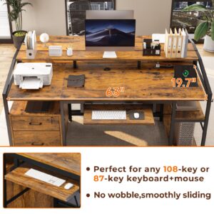 SEDETA 63" Computer Desk, Office Desk with Lock Drawers for Legal/Letter File, Gaming Desk with LED Light & Power Outlet, Home Office Desks for Printer, Rustic Brown