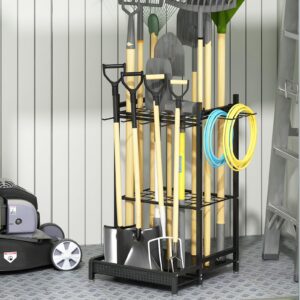 gillas garden tool organizer for garage, utility storage racks with hooks, metal yard tool stand holder organizer for long-handled, broom, shovel, rake, sturdy heavy rack for outdoor, yard, black