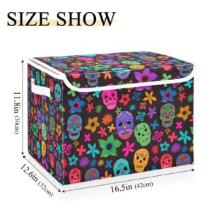 MFTJYO Sugar Skull Day Of Dead Storage Bin with Lid Foldable Storage Box Washable Fabric Storage Cubes Bin Organizer Basket Closet for Home Bedroom Closet Nursery Office