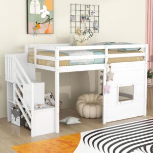 bellemave twin size low loft bed for kids,twin loft bed with storage staircase and window,wooden bed frame for teens, boys, girls(white)