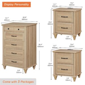 WAMPAT 3 Piece Dresser and Nightstand Sets, Farmhouse Dresser & Chest of Drawers with 5 Drawers & Metal Handle, Set of 2 Nightstands End Table with Charging Staion, 3 Piece Bedroom Set, Oak