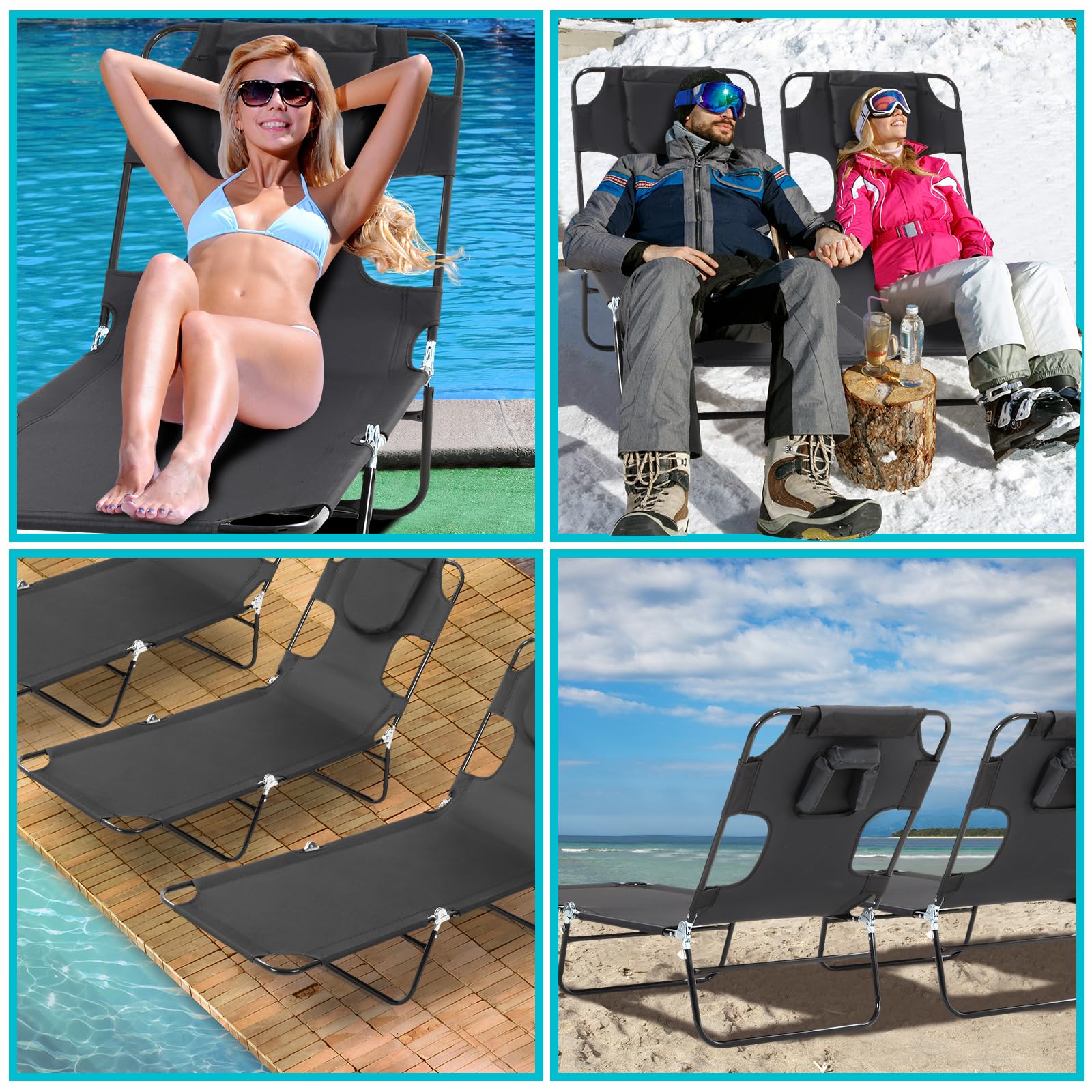 Beeveer 4 Pack Folding Beach Lounger Sunbathing Chair Heavy Duty Tanning Chair with Face Hole Adjustable 5 Position Folding Chairs, Backpack Straps for Patio Pool Lawn Deck (Black, Black)