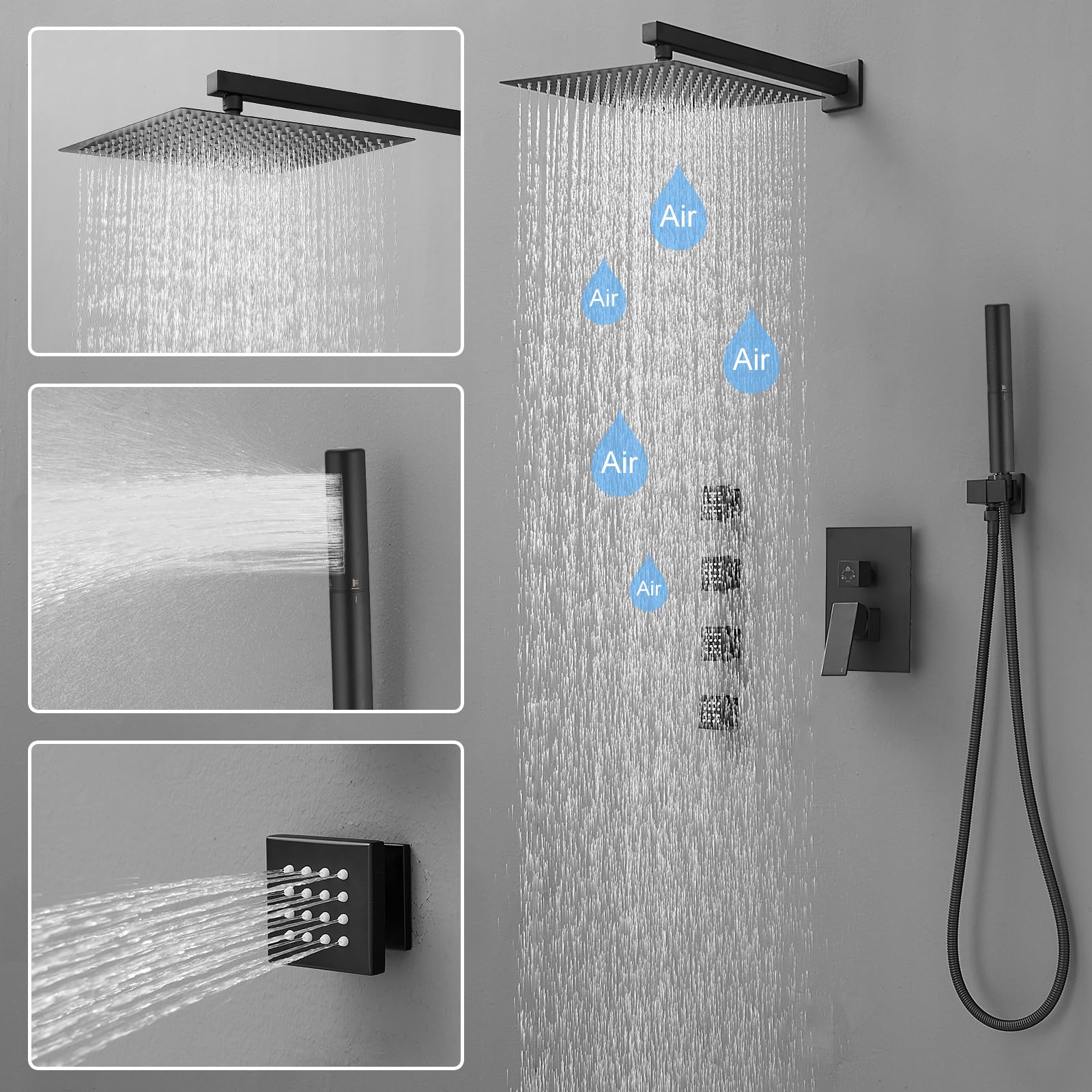 BESy 12 Inch Rain Shower Head System 4 Full Body Jets Set, Wall Mounted High Pressure Rainfall Shower Faucet Fixtures Combo with 2 in 1 Handheld Sprayer Hand Showerhead for Bathroom, Matte Black