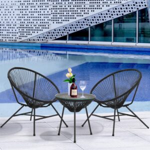 Acapulco Patio Bistro Set 3-Piece Outdoor Furniture Set All-Weather Woven Rope Patio Conversation Set with Glass Top Table and 2 Chairs (Black)