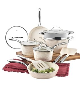 gotham steel hammered 15 pc ceramic pots and pans set non stick, kitchen cookware sets, pot and pan set, ceramic cookware set non toxic, non stick pots and pan set dishwasher safe, cream white