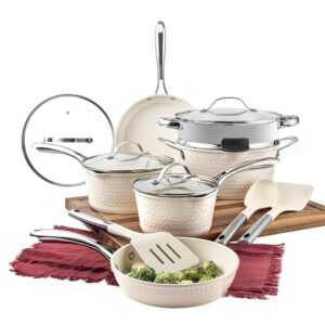 GOTHAM STEEL Hammered 15 Pc Ceramic Pots and Pans Set Non Stick, Kitchen Cookware Sets, Pot and Pan Set, Ceramic Cookware Set Non Toxic, Non Stick Pots and Pan Set Dishwasher Safe, Cream White