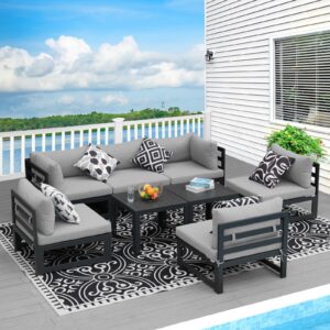 nicesoul® 8 piece aluminum outdoor patio furniture conversation sofa set, grey large size deep seat sectional couch with coffee table light gray olefin cushion for porch, 2 color cushions