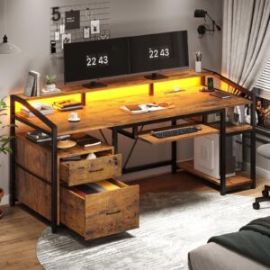 sedeta 63" computer desk, office desk with lock drawers for legal/letter file, gaming desk with led light & power outlet, home office desks for printer, rustic brown