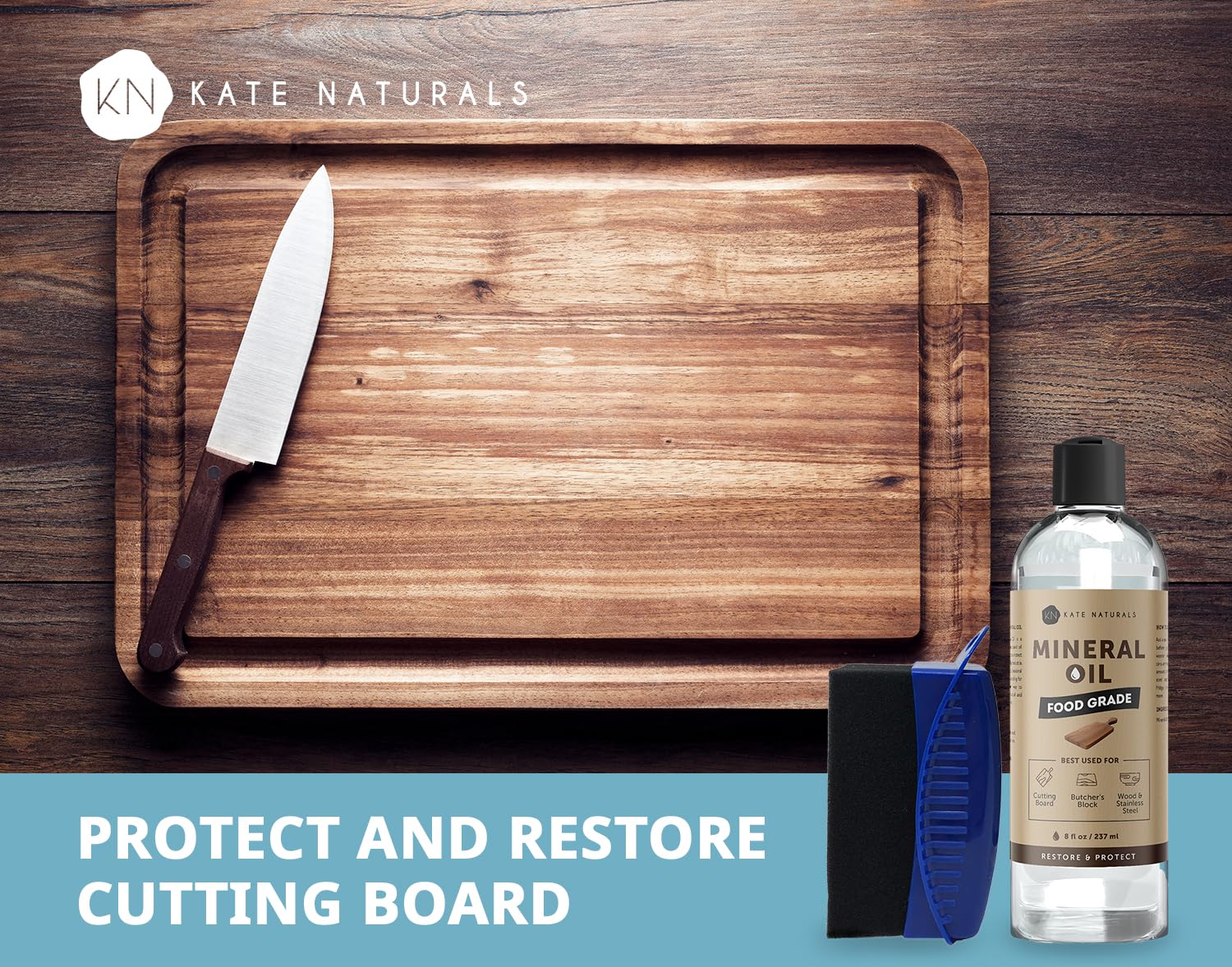 Kate Naturals Mineral Oil for Cutting Board 8oz with Wax Applicator. Food Grade & Food Safe Mineral Oil to Protect Wood on Cutting Boards & Butcher Blocks